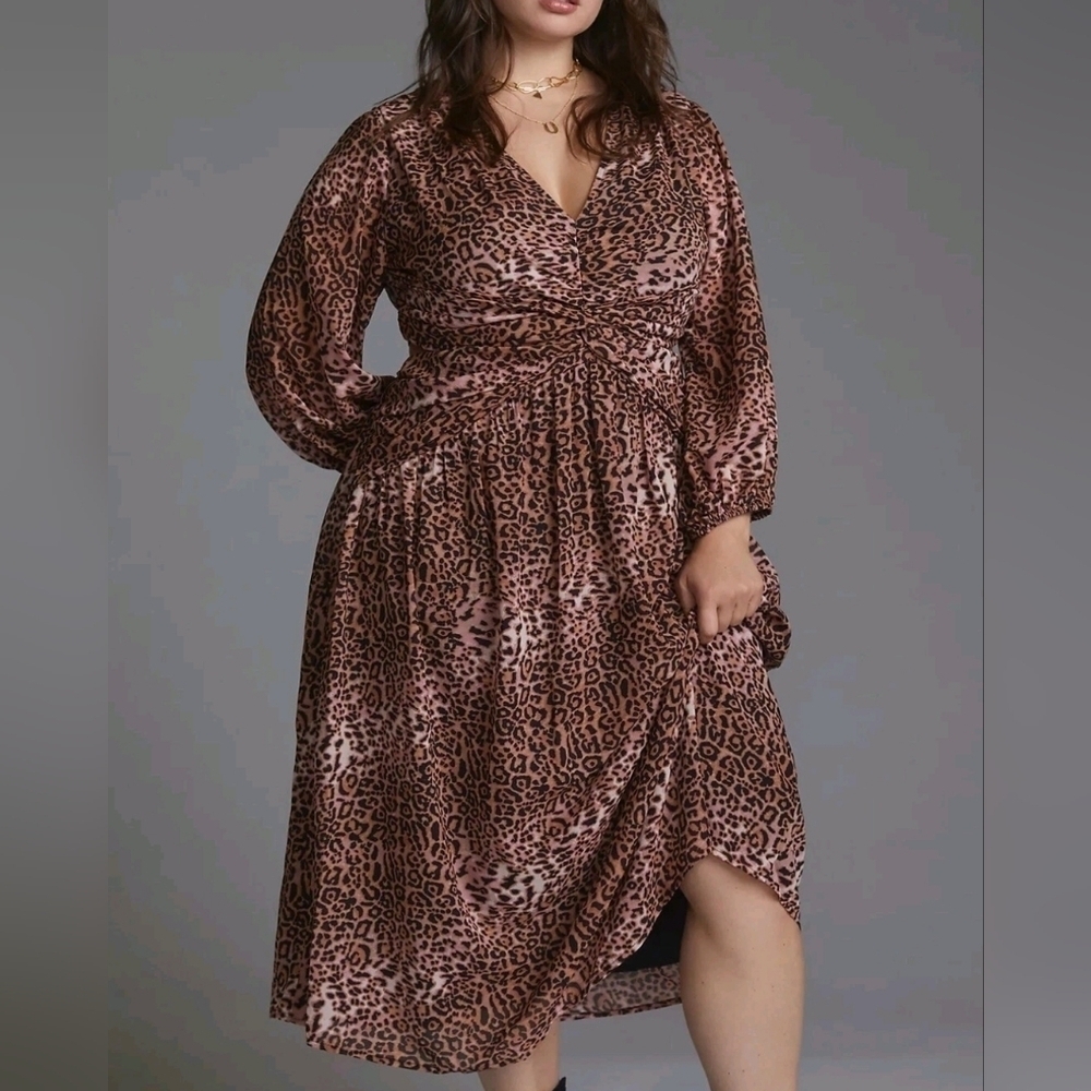 Anthropologie Ranna Gill Leopard Cut Out Midi Long Sleeve V-neck Dress Size 1X